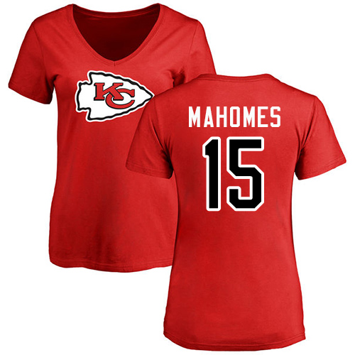 Women Football Kansas City Chiefs #15 Mahomes Patrick Red Name and Number Logo Slim Fit T-Shirt